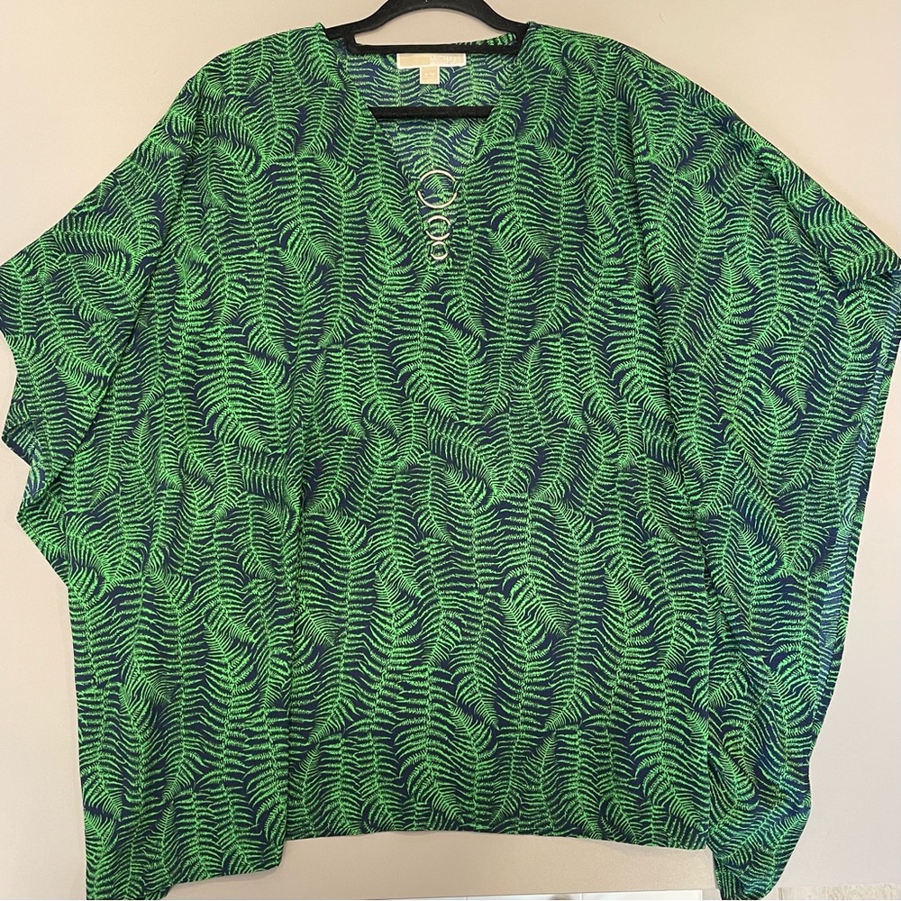 Michael Michael Kors Green Leaf/Fern Print Poncho/Coverup with triple gold rings